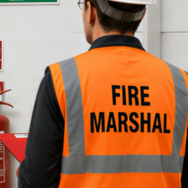 A warehouse worker wearing a high vis vest with the words "Fire Marshal"
