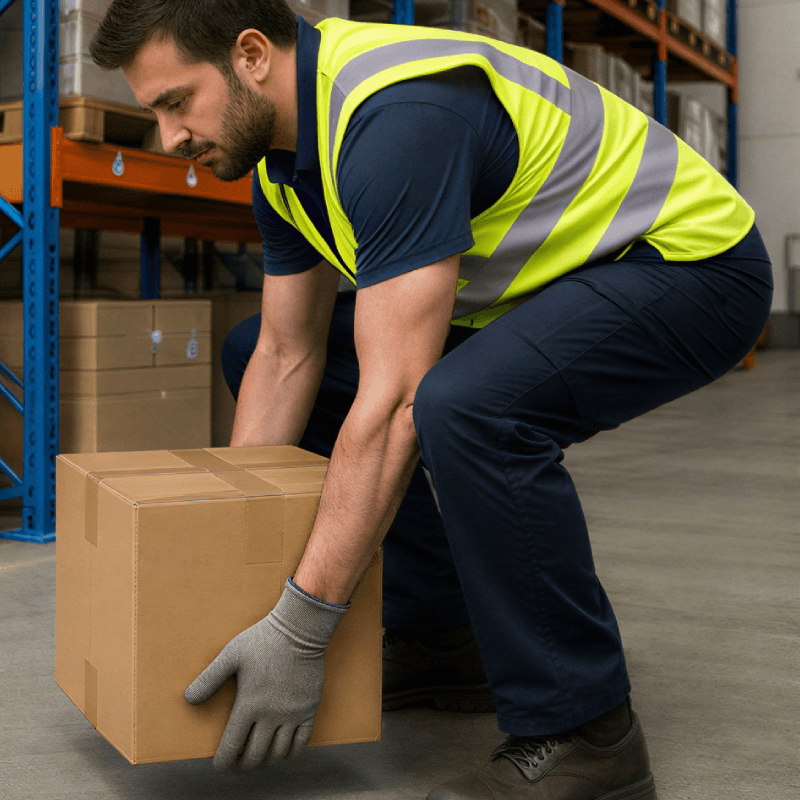 A trainee, correctly lifting a heavy box