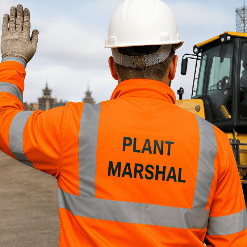 A warehouse worker wearing a high vis vest with the words "Plant Marshal"