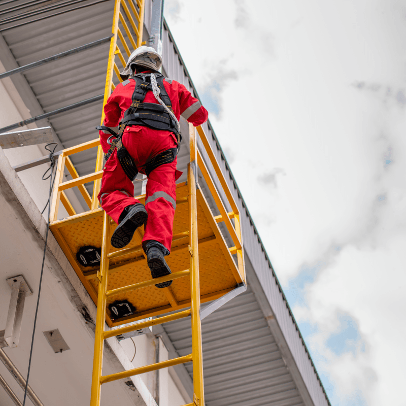 A worker climbing a ladder, wearing a safety harness