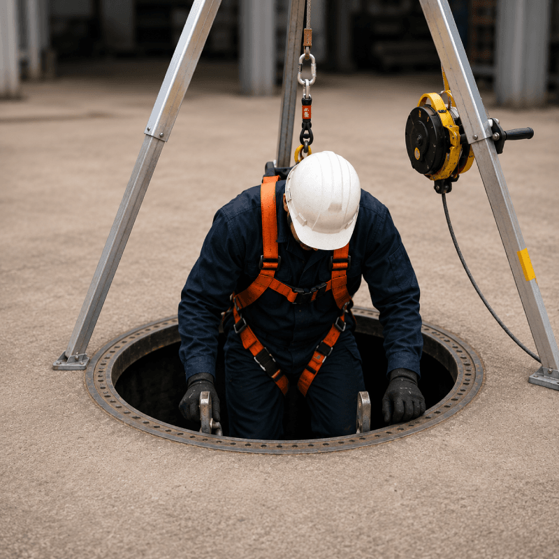A man entering a man-hole.